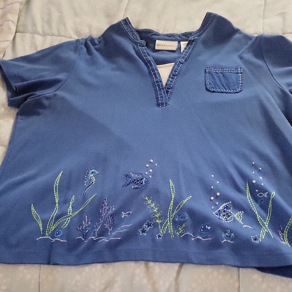 Alfred Dunner Blue Kids Tee with Sea Life Embroidery and beads.  V-neck